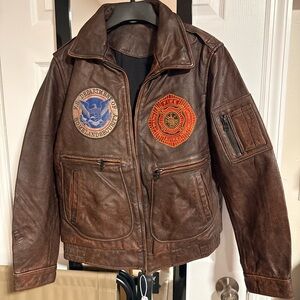 Men's Brown Leather Military Jacket with Patches